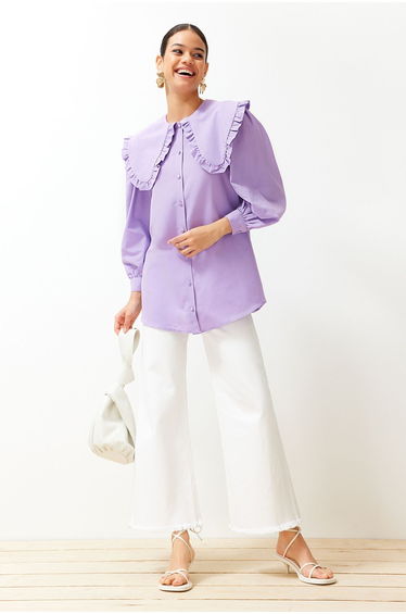 Lilac Baby Collar Cotton Woven Shirt
