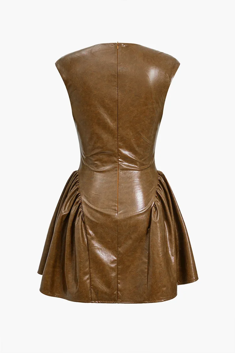 faux leather v neck dress Faux Leather Double Pocket V-Neck Dress
