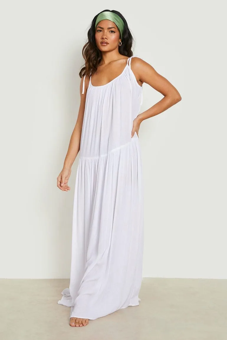 Sustainable Crinkle Strappy Maxi Beach Dress - white