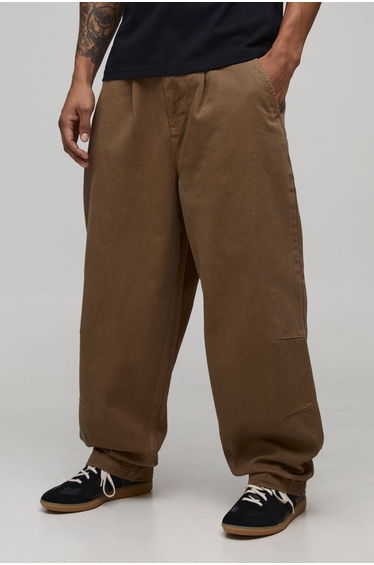 Balloon Fit Half & Half Waistband Washed Twill Trouser - tobacco