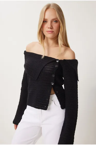 Women's Black Buttoned Low Carmen Collar Knitwear Blouse