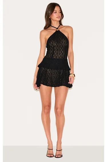 Black Crochet Halterneck Frill Detail Shift Dress
