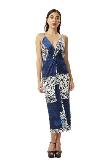 Women's Midi Dress in Blue Square Animal Print with Adjustable Straps Regular Fit