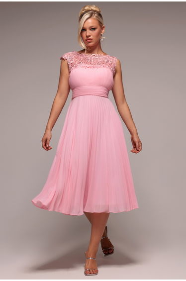 Crochet & Pleated Top Midi Dress - Blush Pink by Goddiva