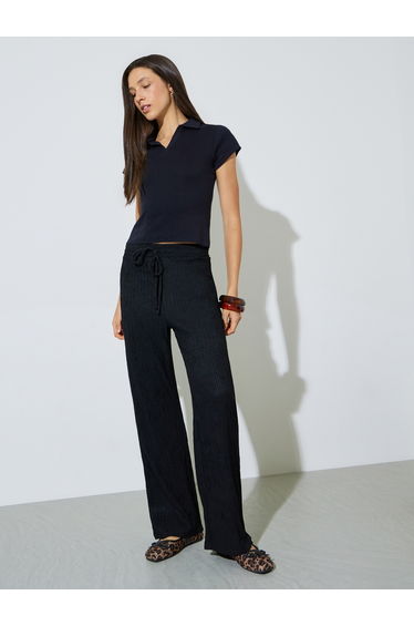 Black Textured Wide Leg Drawstring Pants