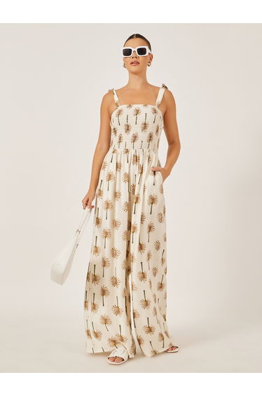 Beige Palm Tree Print Wide Leg Jumpsuit