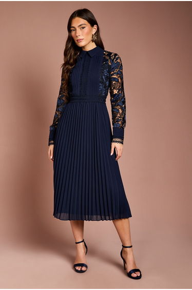 Long Sleeve Lace and Pleated Midi Shirt Dress