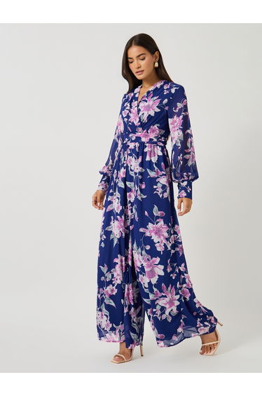 Floral Print V-Neck Wide Leg Jumpsuit