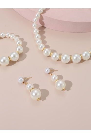 Set of 3 - Faux Pearl Necklace, Bracelet and Earrings