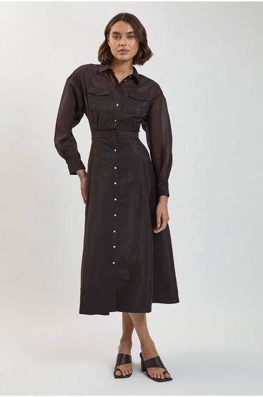 Trim Detail Organdie Midi Shirt Dress