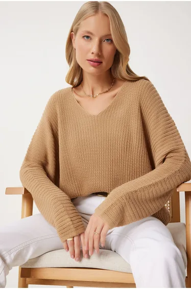 Women's Biscuit V-Neck Thessaloniki Knit Oversized Knitwear Sweater