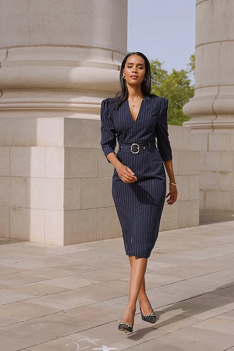 navy blue pinstripe dress The Tailory New York Dark Navy Pinstripe Shirt Dress for Women, Size 6