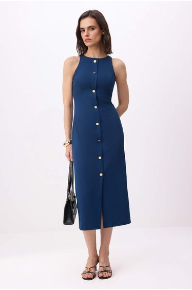 Petrol Blue Tie-Dye Detailed Midi Woven Dress