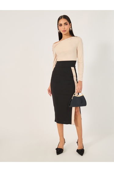 Color Block Long Sleeve Bodycon Midi Dress