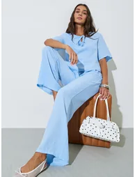Blue Solid Neck Tie Top and Wide Leg Pants Co-Ords - 1