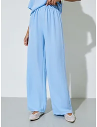 Blue Solid Neck Tie Top and Wide Leg Pants Co-Ords - 4