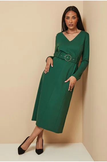 Petite Ponte Jersey Belted Midi Dress