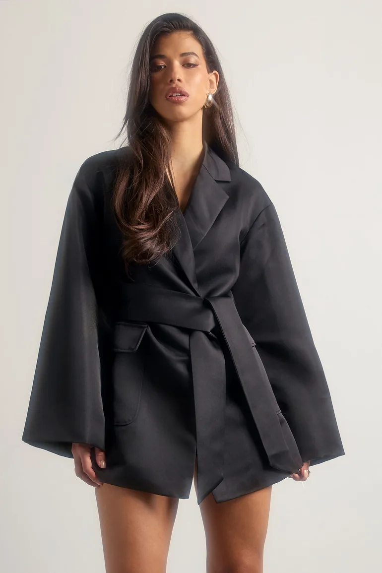 Oversized Flare Sleeve Wrap Blazer Dress - black - 1