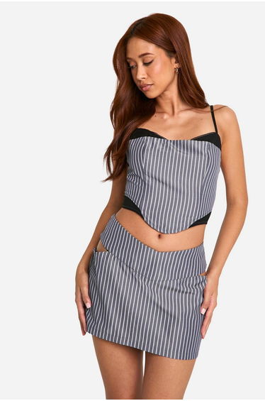 Pinstripe Cut Out Side Straight Mini Skirt - grey