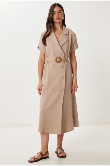 فستان قميص كتان بحزام - بيج
