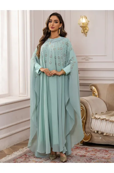 Green Embellished Cape Style Abaya and Dress Modest Set