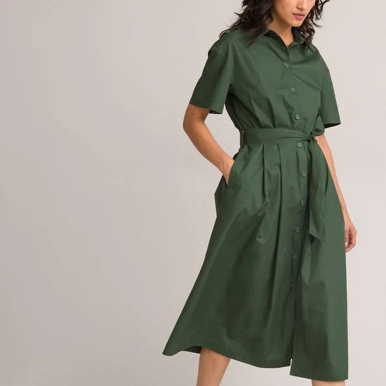 Cotton Midaxi Shirt Dress with Tie-Waist - 4