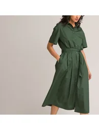 Cotton Midaxi Shirt Dress with Tie-Waist - 4