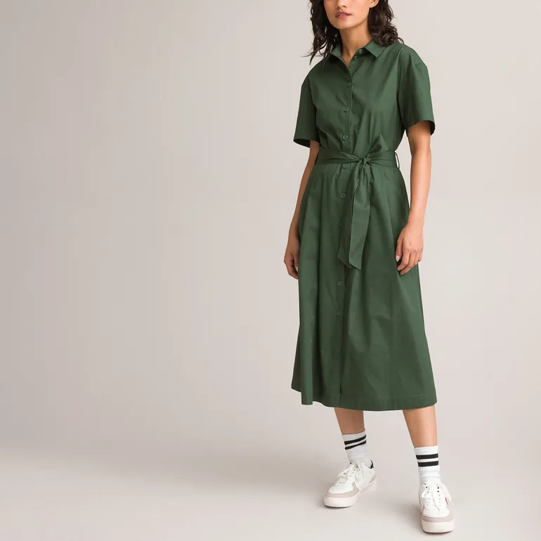 Cotton Midaxi Shirt Dress with Tie-Waist - 1