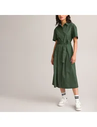 Cotton Midaxi Shirt Dress with Tie-Waist - 1