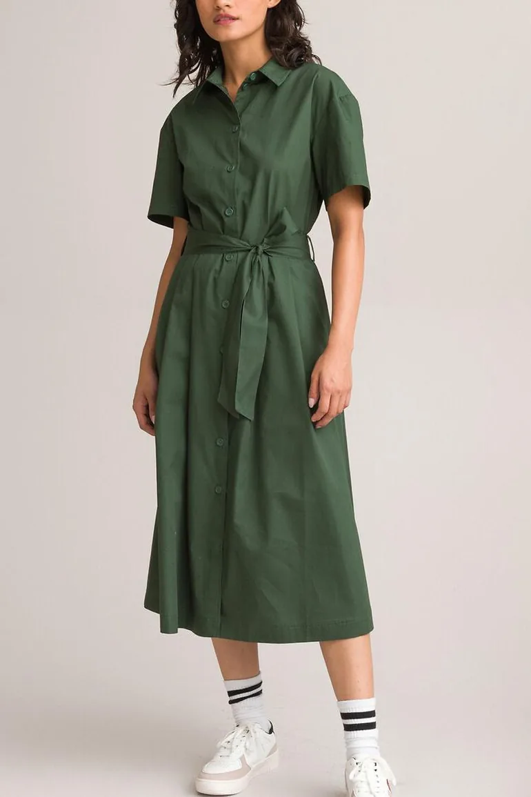 Cotton Midaxi Shirt Dress with Tie-Waist