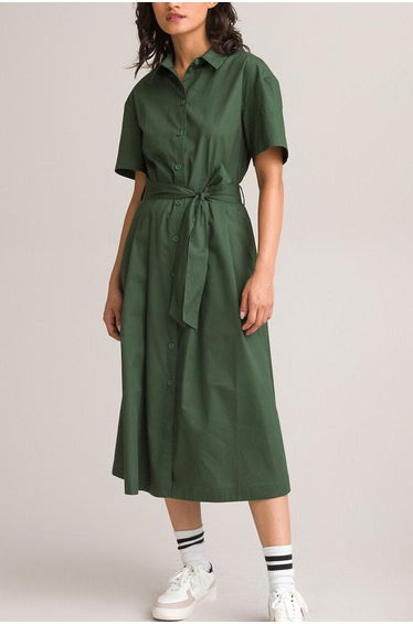 Cotton Midaxi Shirt Dress with Tie-Waist