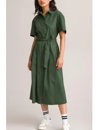Cotton Midaxi Shirt Dress with Tie-Waist