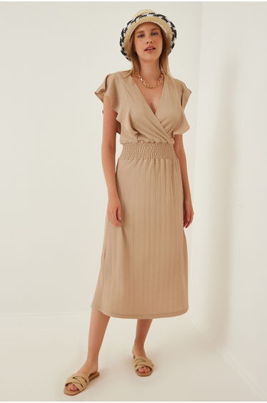 Beige Ruched A-Line Midi Dress with Ruffles