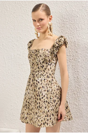 Multicolor A-Line Animal Patterned Poplin Woven Short Chic Dress