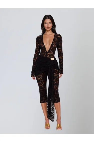 Draelyric Plunge Neck Lace Capri Jumpsuit In Black