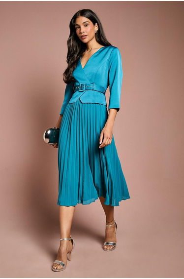 Satin Bodice ¾ Sleeve Pleat Skirt Belted Midi Wedding Guest Dress