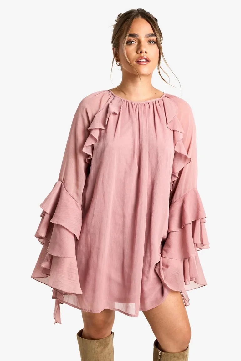 Petite Ruffle Flare Sleeve Mini Shift Dress - blush
