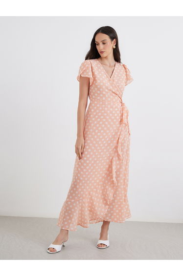 Peach Polka Dot Wrap Maxi Dress