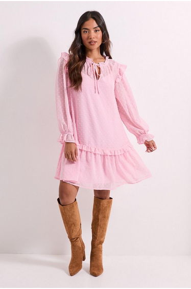 Petite Tiered Hem Tie Neck Shift Dress