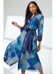 فستان قميص بحزام لون أزرق  - 1