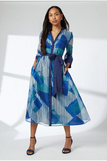 Blue Belted Contrast Detail Collarless Shirt Dress