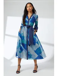 فستان قميص بحزام لون أزرق 