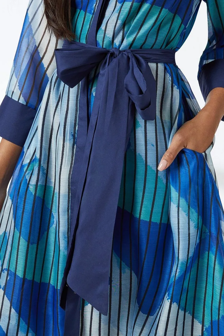 فستان قميص بحزام لون أزرق  - 3