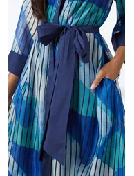 فستان قميص بحزام لون أزرق  - 3