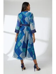 فستان قميص بحزام لون أزرق  - 2