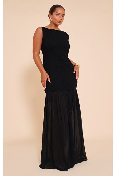 Shape black Shirred Scoop Back Contrast Dropped Hem Maxi Dress
