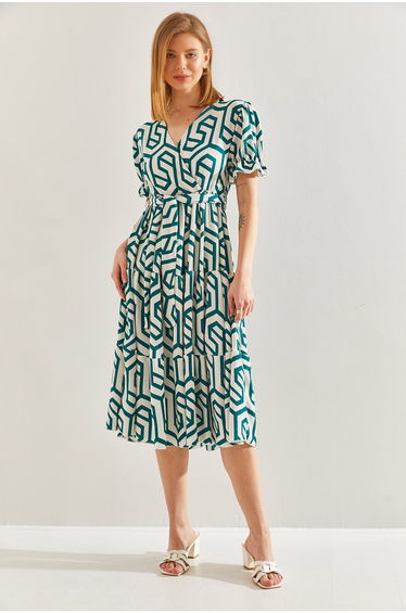 LUCCI Geometric Pattern V-Neck Midi Dress with Belt