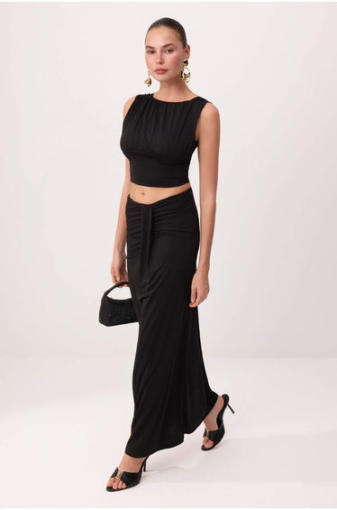 Black Gathered Detailed Skirt Blouse Bottom - Top Set