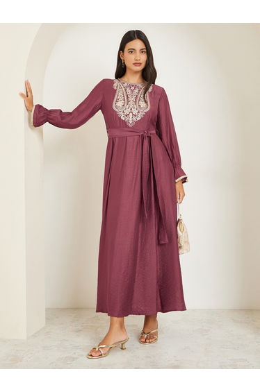 Rust Embellished Embroidered A-Line Maxi Dress