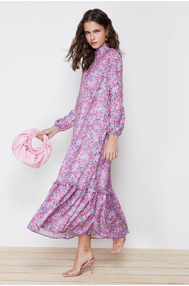 Purple Floral Pattern Ruffle Detail Woven Dress